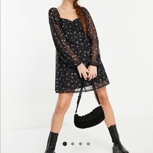 ASOS DESIGN mesh ruched front mini dress with long
sleeves in black floral